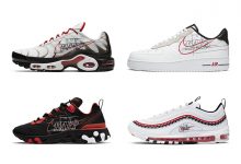 Air Force 1、Air Max Plus、Air Max 97 和 React Element 55 这四双鞋款，均以经典的红白黑色调为主打